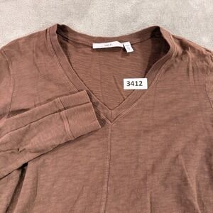 Wilt V-Neck Top Womens Medium Brown Long Sleeve Cotton Slub High Low Hem W033751